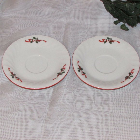 2 Saucers KOPIN CHRISTMAS PLEASURE Porcelain Red Rim Holly no teacups Holiday - Picture 4 of 6